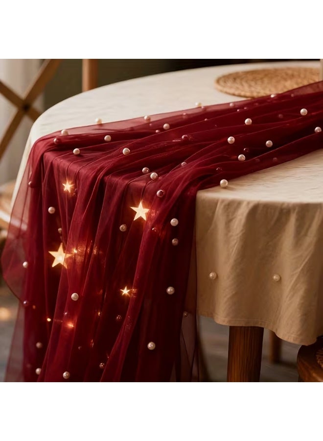 Wine Red Lace Pearl Table Runner Elegant Wedding & Party Table Decor - Image 1